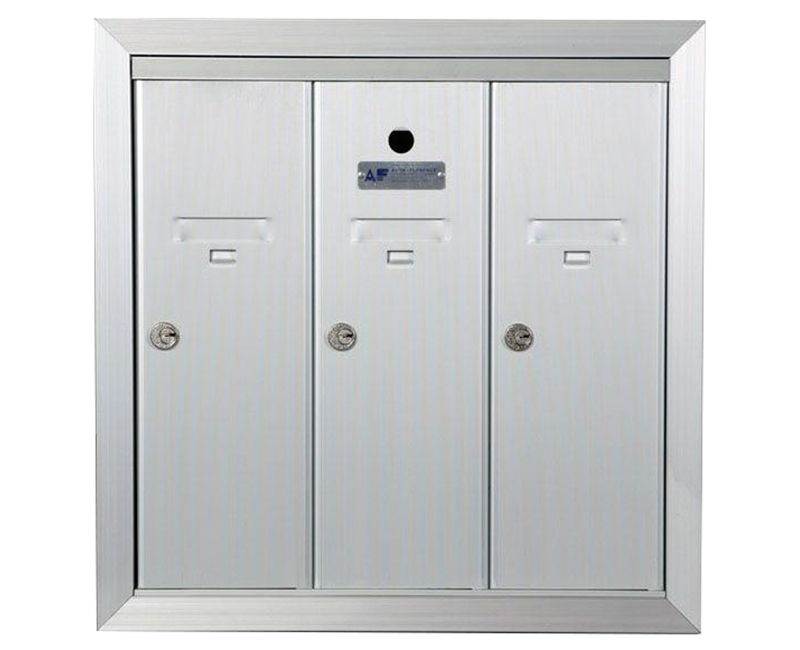 ANODIZED ALUMINUM, THREE COMPARTMENT, FULLY RECESSED VERTICAL APARTMENT STYLE MAILBOX CUT OUT 17-1/2" W X 17-3/4" H X 6-3/4" D