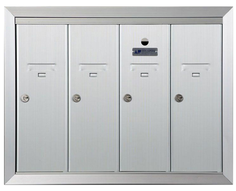 ANODIZED ALUMINUM, FOUR COMPARTMENT, FULLY RECESSED VERTICAL APARTMENT STYLE MAILBOX CUT OUT 23" W X 17-3/4" H X 6-3/4" D