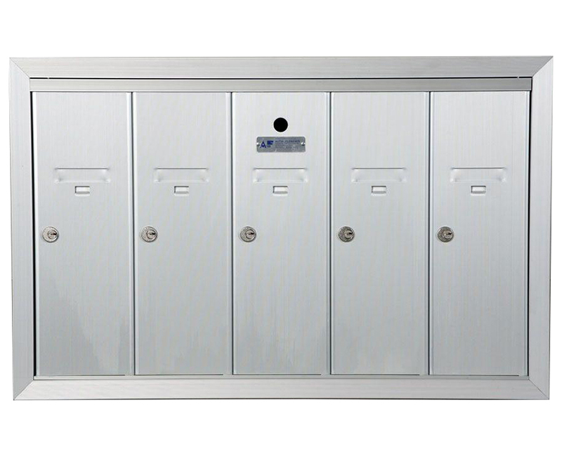 ANODIZED ALUMINUM, FIVE COMPARTMENT, FULLY RECESSED VERTICAL APARTMENT STYLE MAILBOX CUT OUT 28-5/8" W X 17-3/4" H X 6-3/4" D