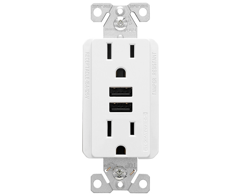 COMBINATION 3.6A USB CHARGER WITH TR DUPLEX RECEPTACLE 15A, 125V, WH.
