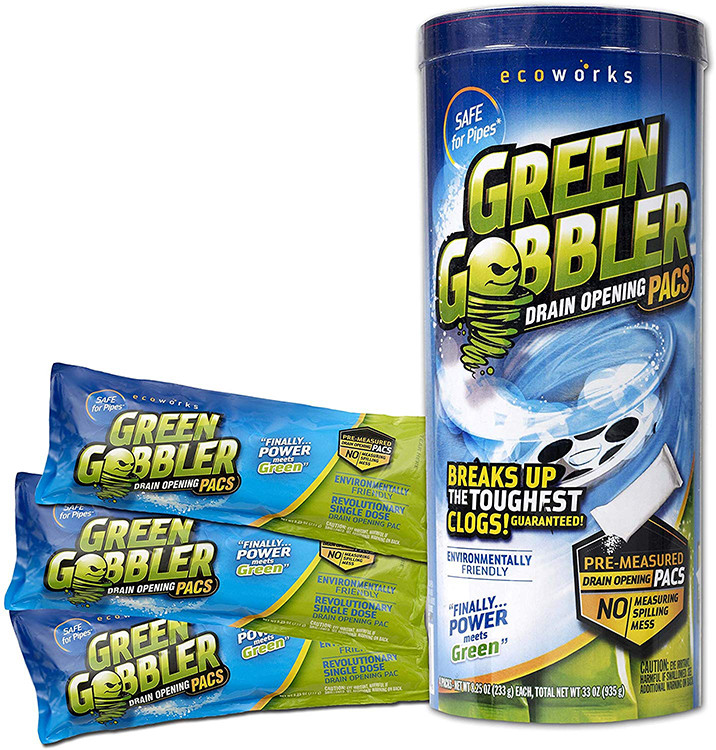 GREEN GOBBLER DRAIN OPENER RETAIL CAN 3PK. WITH VIDEO MONITOR DISPLAY
