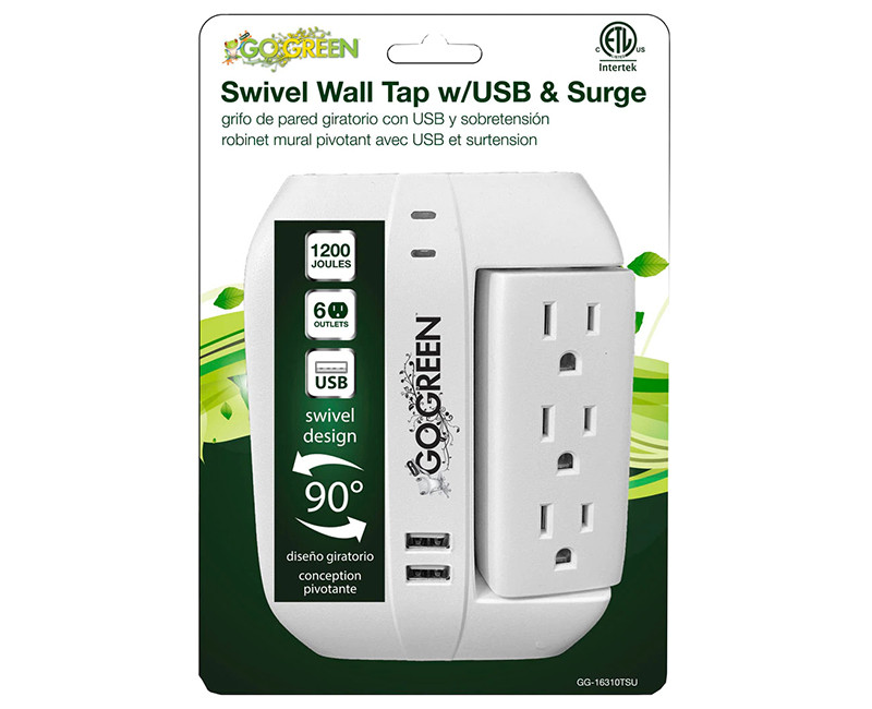 6 OUTLET SWIVEL WALL TAP W/ 2 USB'S 3.1 AMP 1200 JOULES WHITE