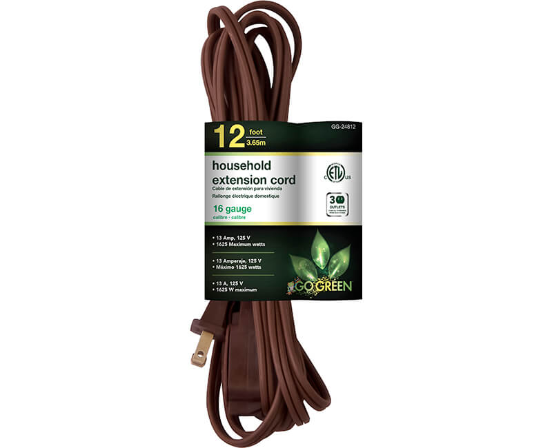 12' 16/2 Gauge Household Extension Cord - Brown