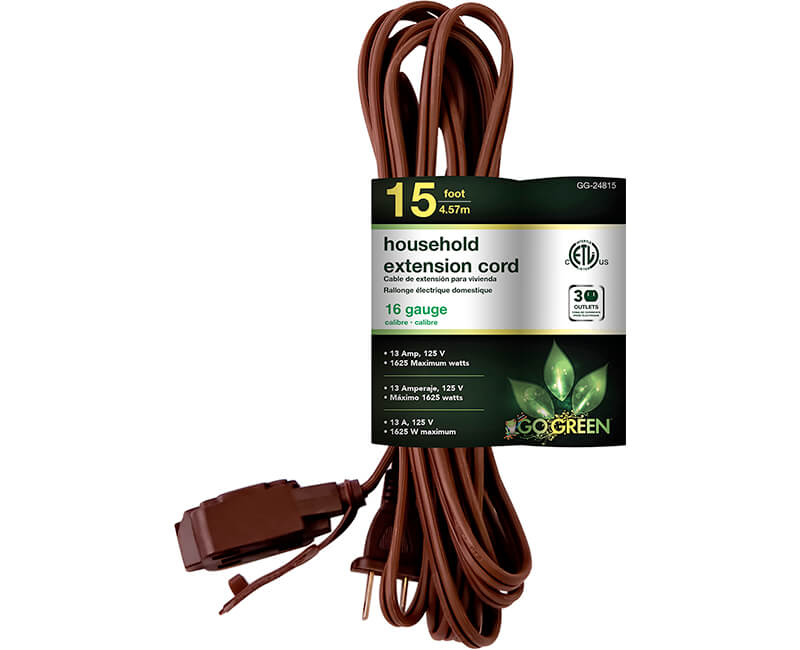 15' 16/2 Gauge Household Extension Cord - Brown