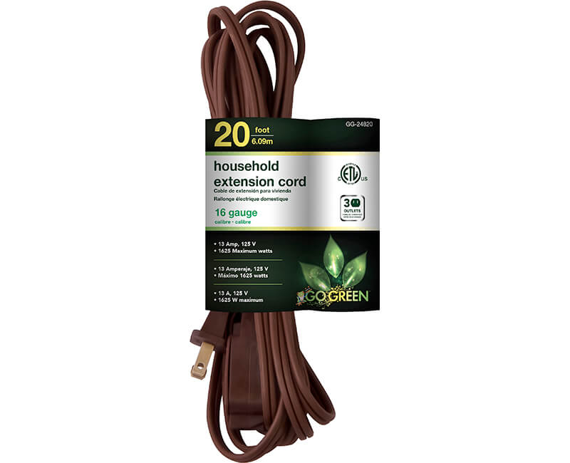 20' 16/2 Gauge Household Extension Cord - Brown