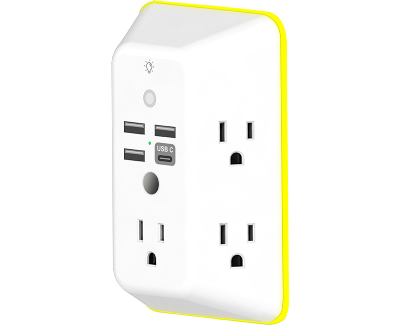 5 Outlet Surge Wall Tap w/USB, 3 USB-A, 1 USB-C, 1,800 Joules, Night Light Feature with Sensor
