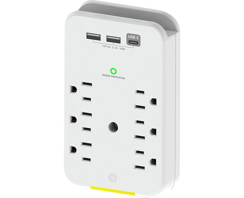 6 Outlet Surge Wall Tap w/USB, 2 USB-A, 1 USB-C, 490 Joules, Night Light Feature with Sensor