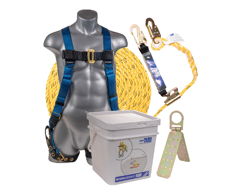 Roofing Bucket Complete Kit 5 PT Harness 50' Lifeline W/ Rope Grab, Lanyard, & Roof Anchor