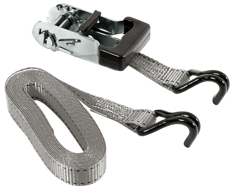 12' X 1" RATCHET TIE-DOWN, GUNMETAL GRAY, OPEN MOLDED RATCHET HANDLE, VINYL COATED DOUBLE J HOOKS, 1000LBS WLL, 3000LBS BREAK STRENGTH, 4PK CARDED