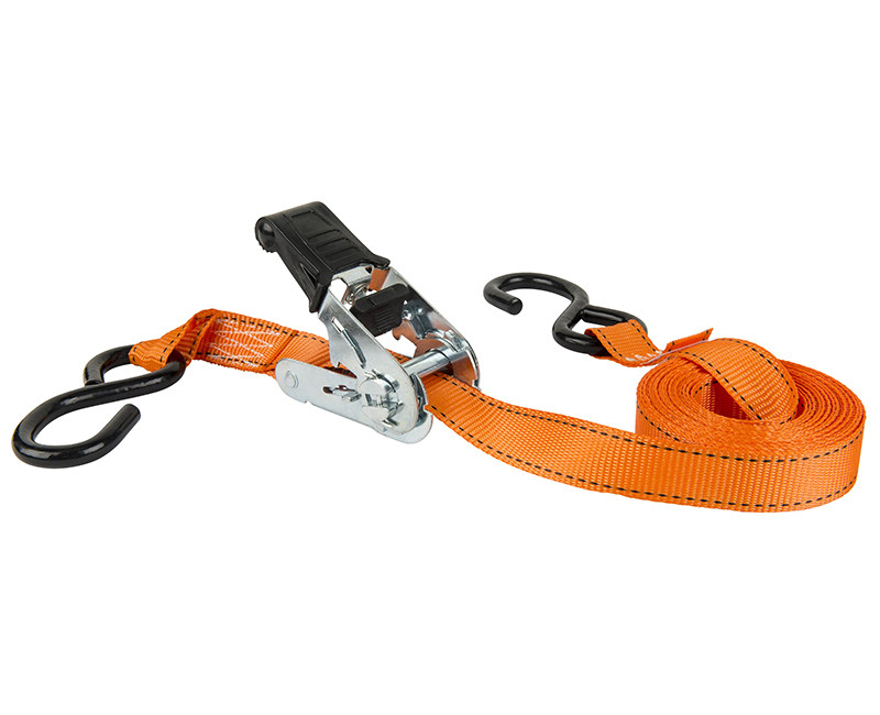 15' X 1" RATCHET TIE DOWN, ORANGE, PADDED RATCHET HANDLE, VINYL COATED S HOOKS, 500LBS WLL, 1500LBS BREAK STRENGTH, 2PK CARDED