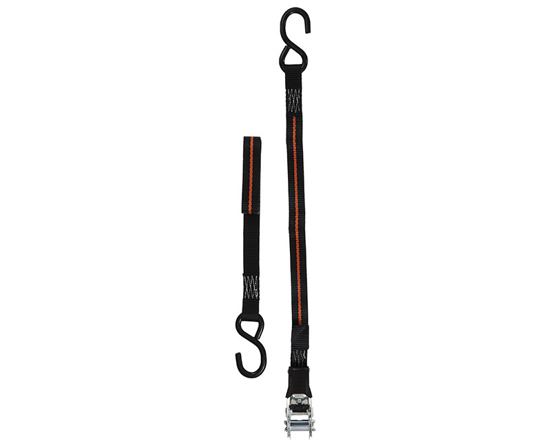 8' X 1" RATCHET TIE DOWN W/SOFT TIE EXTENSION, BLACK, PADDED RATCHET HANDLE, VINYL COATED S HOOKS, 500LBS WLL, 1500LBS BREAK STRENGTH, 2PK CARDED