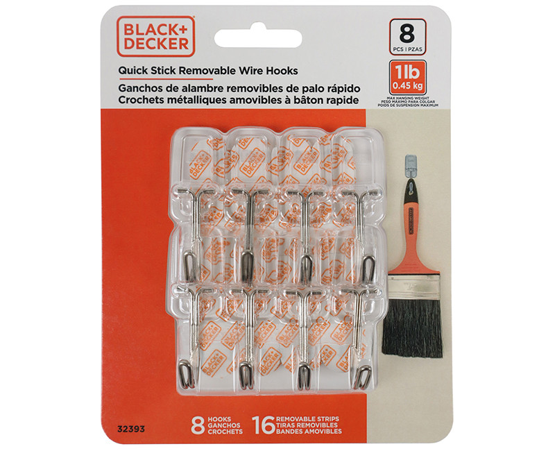 Black & Decker - 8pk Quick Stick Adhesive Wire Hook - Up To 1lb. - 8 Hooks/16 Strips - Removable - Clear