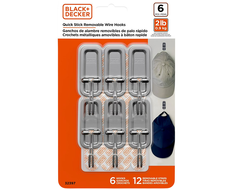 Black & Decker - Everyday 6pk Quick Stick Adhesive Wire Hook - Up To 2lbs. - 6 Hooks/12 Strips - Removable - Chrome