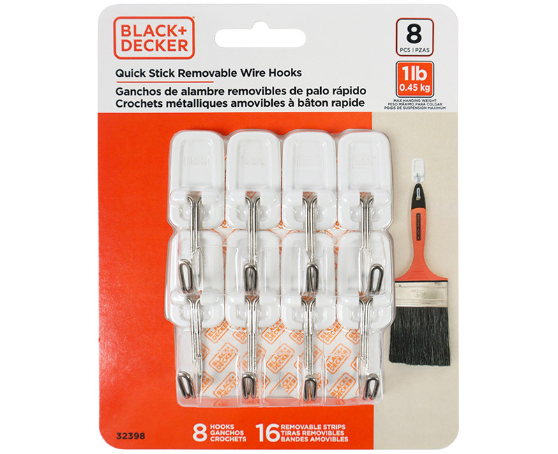 Black & Decker - 8pk Quick Stick Adhesive Wire Hook - Up To 1lb. - 8 Hooks/16 Strips - Removable - White