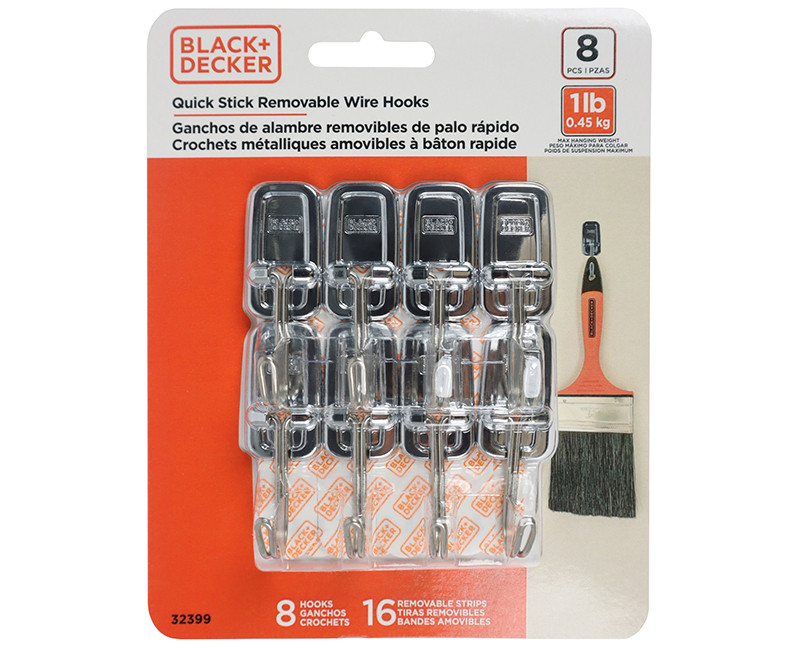 Black & Decker - 8pk Quick Stick Adhesive Wire Hook - Up To 1lb. - 8 Hooks/16 Strips - Removable - Chrome