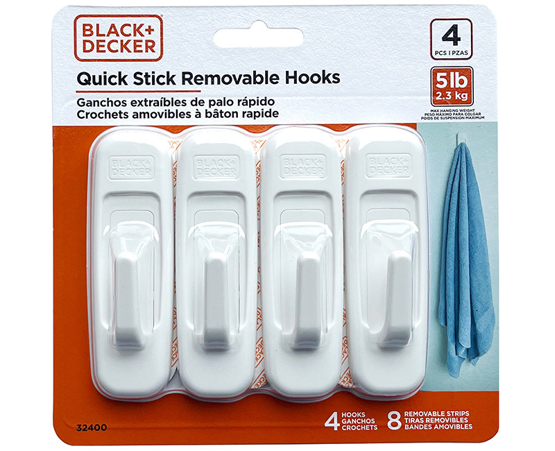 Black & Decker - 4pk 2pc Quick Stick Adhesive Hook - Up To 5lbs. - 4 Hooks/8 Strips - Removable - White