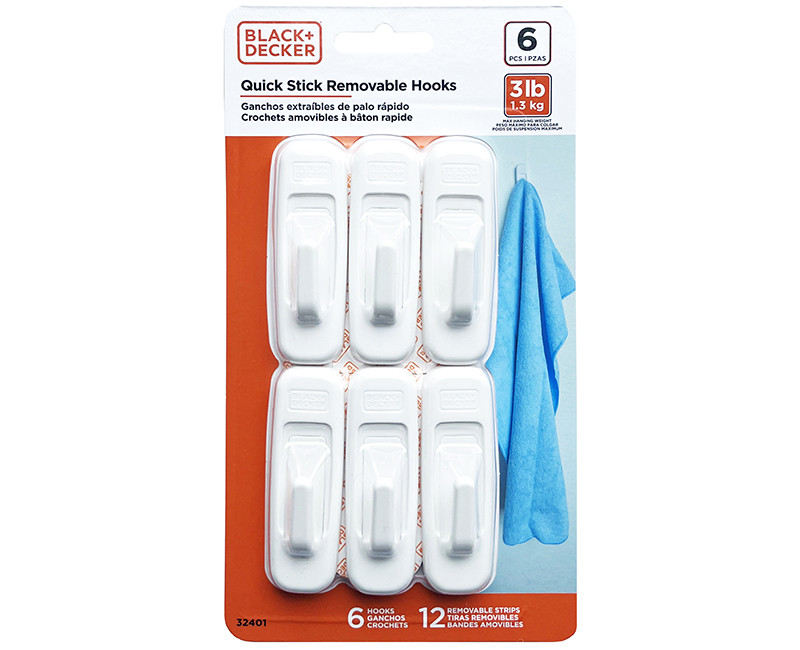 Black & Decker - 6pk 2pc Quick Stick Adhesive Hook - Up To 3lbs. - 6 Hooks/12 Strips - Removable - White