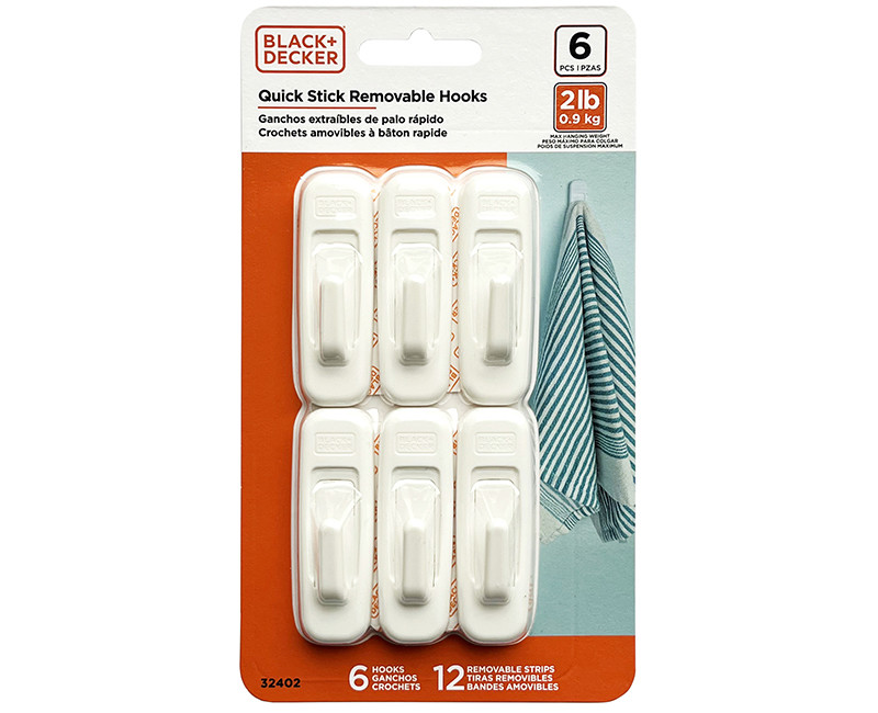 Black & Decker - 6pk 2pc Quick Stick Adhesive Hook - Up To 2lbs. - 6 Hooks/12 Strips - Removable - White
