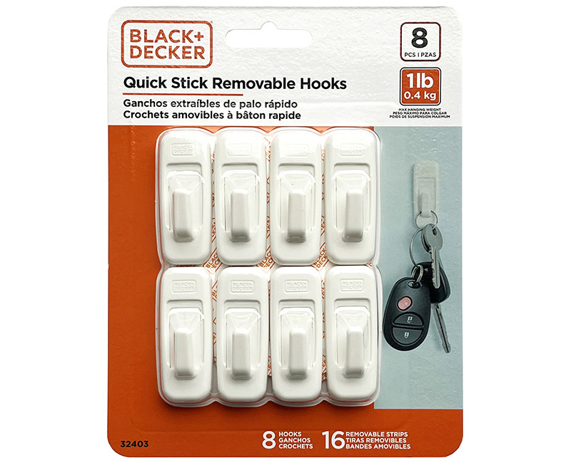Black & Decker - 8pk 2pc Quick Stick Adhesive Hook - Up To 1lb. - 8 Hooks/16 Strips - Removable - White