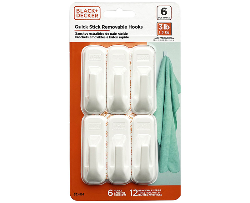 Black & Decker - 6pk Quick Stick Adhesive Solid Hook - Up To 3lbs. - 6 Hooks/12 Strips - Removable - White