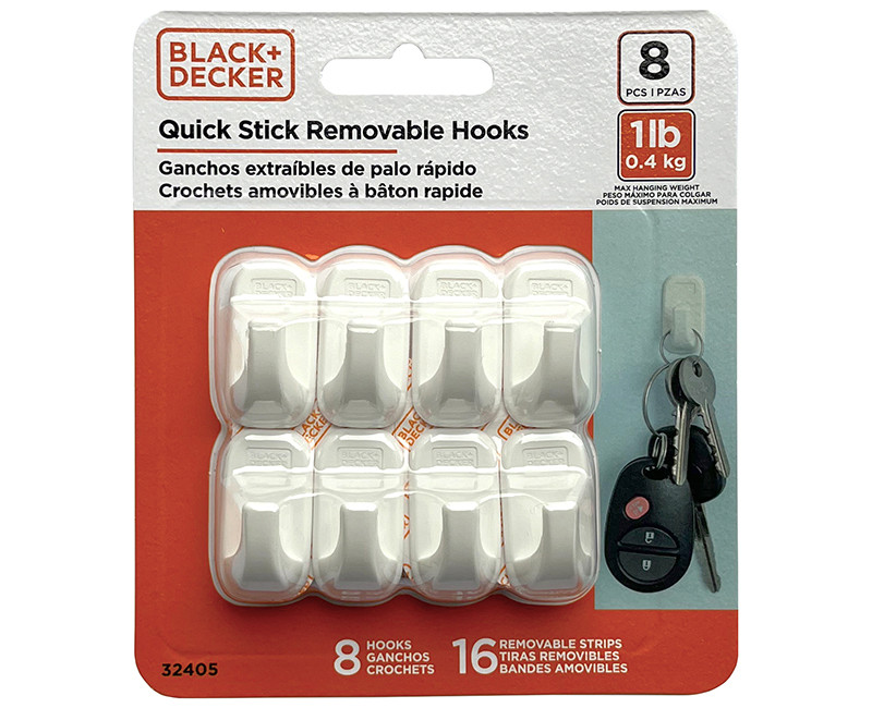 Black & Decker - 8pk Quick Stick Adhesive Solid Hook - Up To 1lb. - 8 Hooks/16 Strips - Removable - White
