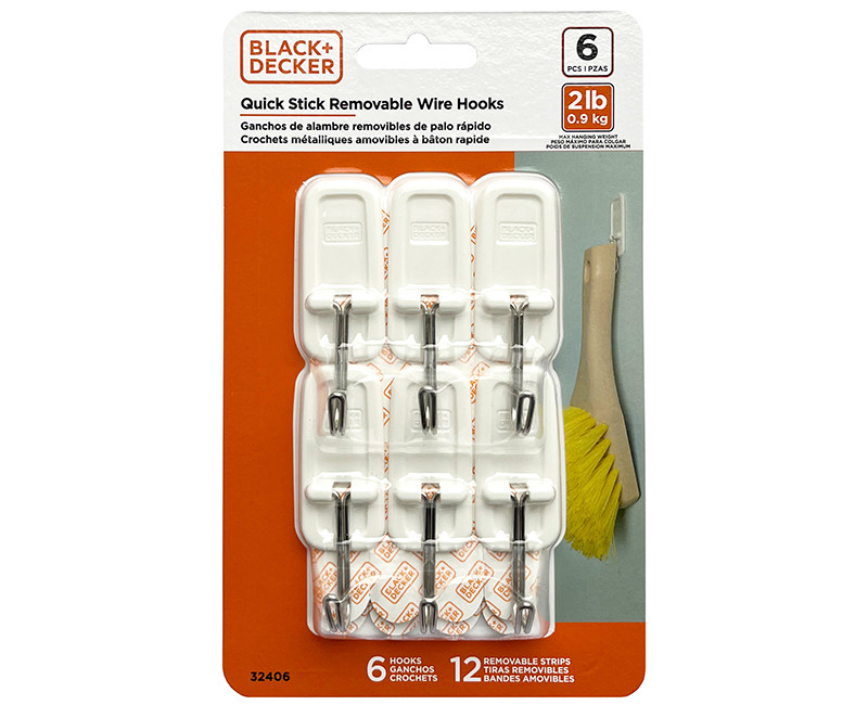 Black & Decker - 6pk Quick Stick Adhesive Wire Hook - Up To 2lbs. - 6 Hooks/12 Strips - Removable - White