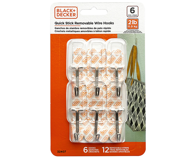 Black & Decker - 6pk Quick Stick Adhesive Wire Hook - Up To 2lbs. - 6 Hooks/12 Strips - Removable - Clear