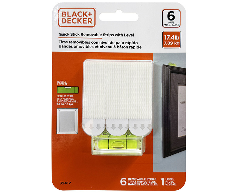 Black & Decker - Quick Stick Adhesive Strips w Level - Up To 2.9lbs. - Removable - 6 Pairs