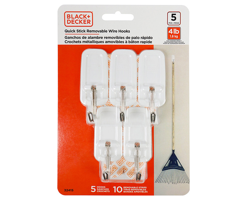 Black & Decker - 5pk Quick Stick Adhesive Wire Hook - Up To 4lbs. - 5 Hooks/10 Strips - Removable - White