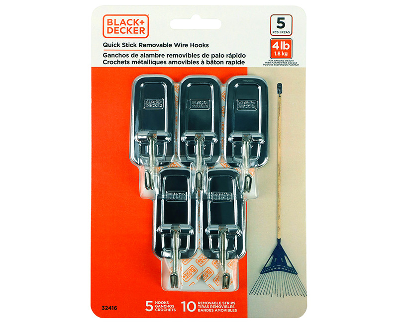 Black & Decker - 5pk Quick Stick Adhesive Wire Hook - Up To 4lbs. - 5 Hooks/10 Strips - Removable - Chrome