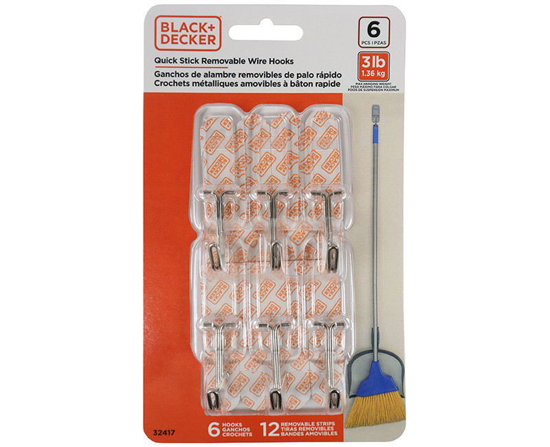 Black & Decker - 6pk Quick Stick Adhesive Wire Hook - Up To 3lbs. - 6 Hooks/12 Strips - Removable - Clear