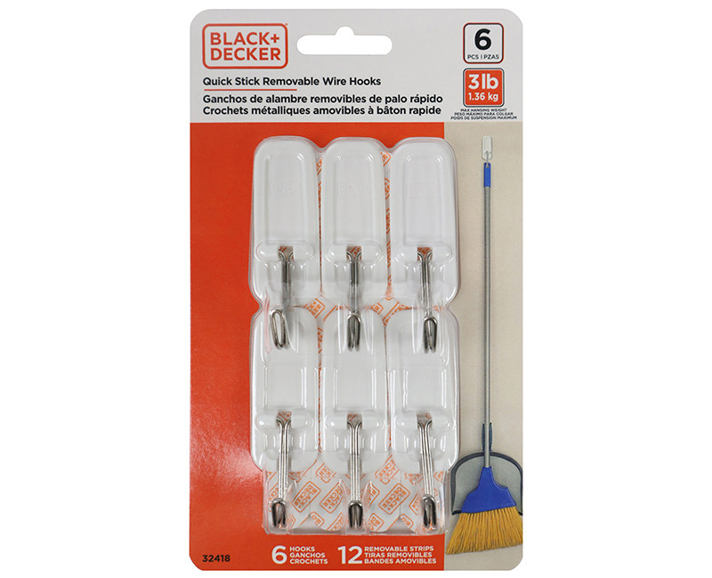 Black & Decker - 6pk Quick Stick Adhesive Wire Hook - Up To 3lbs. - 6 Hooks/12 Strips - Removable - White