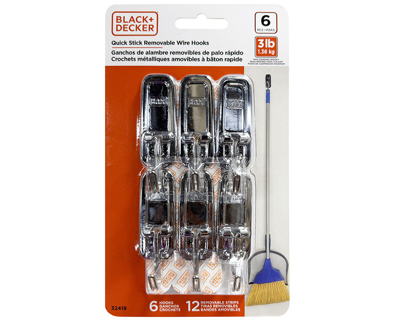Black & Decker - 6pk Quick Stick Adhesive Wire Hook - Up To 3lbs. - 6 Hooks/12 Strips - Removable - Chrome