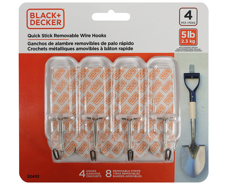 Black & Decker - 4pk Quick Stick Adhesive Wire Hook - Up To 5lbs. - 4 Hooks/8 Strips - Removable - Clear