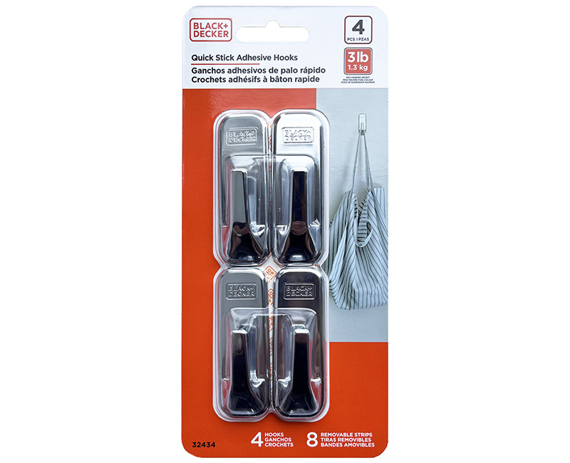 Black & Decker - 4pk Quick Stick Adhesive Solid Hook - Up To 3lbs. - 4 Hooks/8 Strips - Removable - Chrome