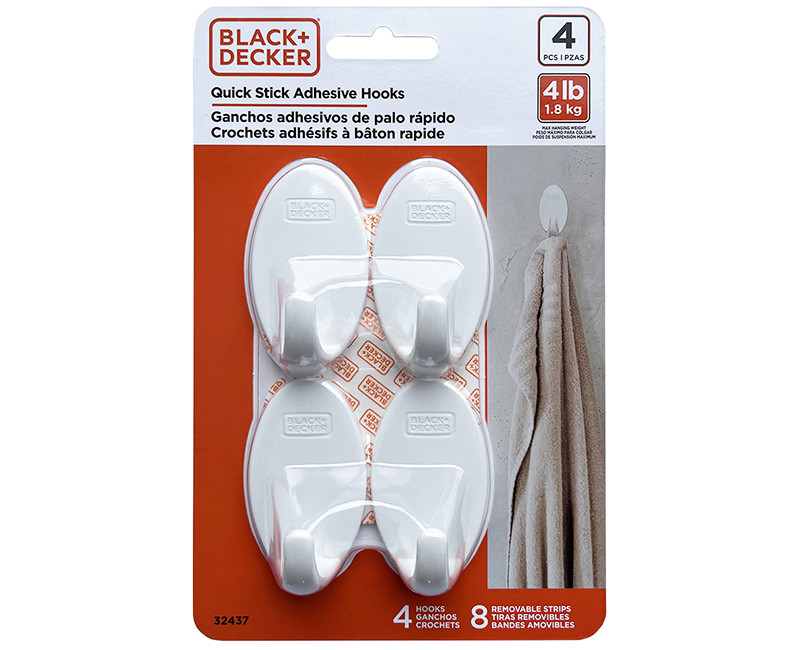 Black & Decker - 4pk Quick Stick Adhesive Oval Solid Hook - Up To 4lbs. - 4 Hooks/8 Strips - Removable - White