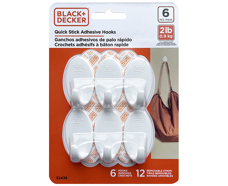 Black & Decker - 6pk Quick Stick Adhesive Oval Solid Hook - Up To 2lbs. - 6 Hooks/12 Strips - Removable - White