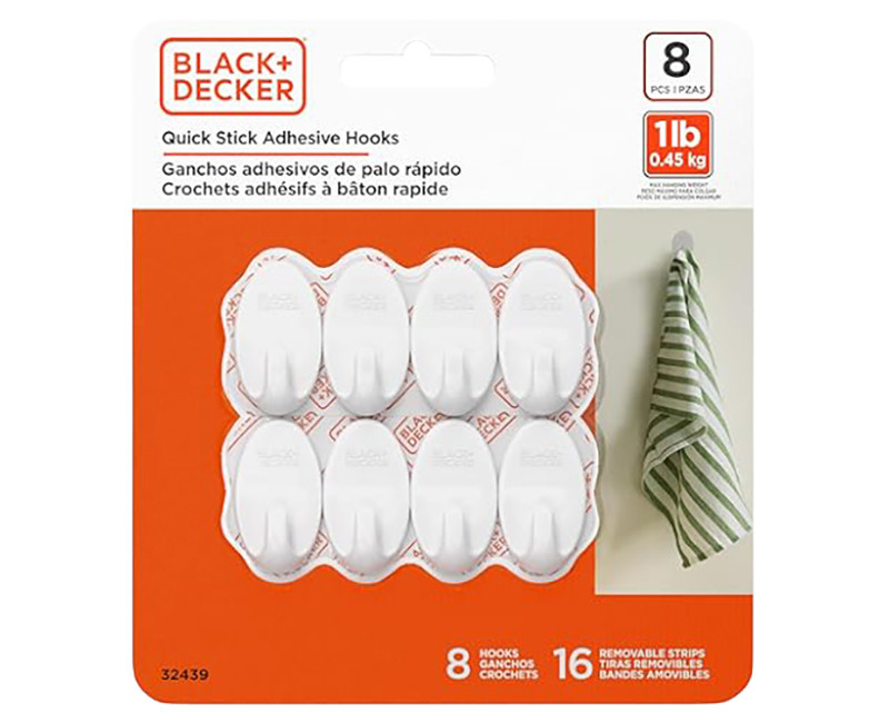 Black & Decker - 8pk Quick Stick Adhesive Oval Solid Hook - Up To 1lb. - 8 Hooks/16 Strips - Removable - White