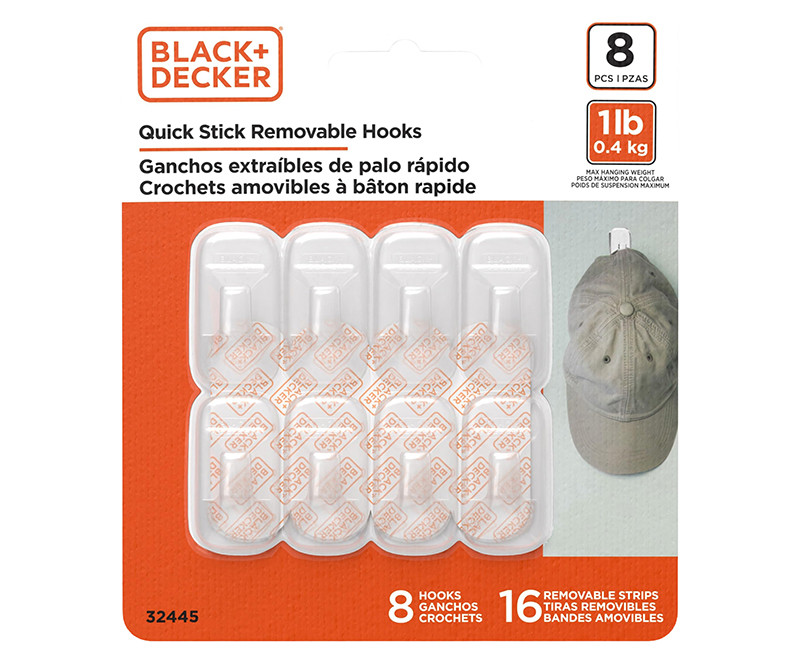 Black & Decker - Everyday 8pk Quick Stick Adhesive Solid Hook - Up To 1lb. - 8 Hooks/16 Strips - Removable - Clear
