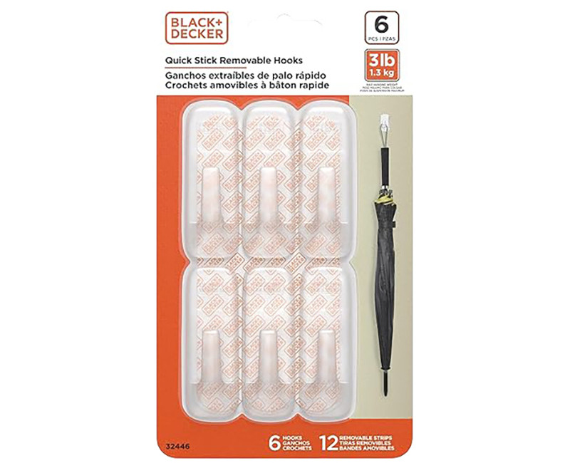 Black & Decker - Everyday 6pk Quick Stick Adhesive Solid Hook - Up To 3lbs. - 6 Hooks/12 Strips - Removable - Clear