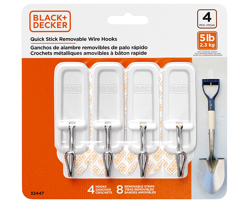 Black & Decker - 4pk Quick Stick Adhesive Wire Hook - Up To 5lbs. - 4 Hooks/8 Strips - Removable - White