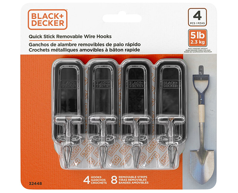Black & Decker - 4pk Quick Stick Adhesive Wire Hook - Up To 5lbs. - 4 Hooks/8 Strips - Removable - Chrome