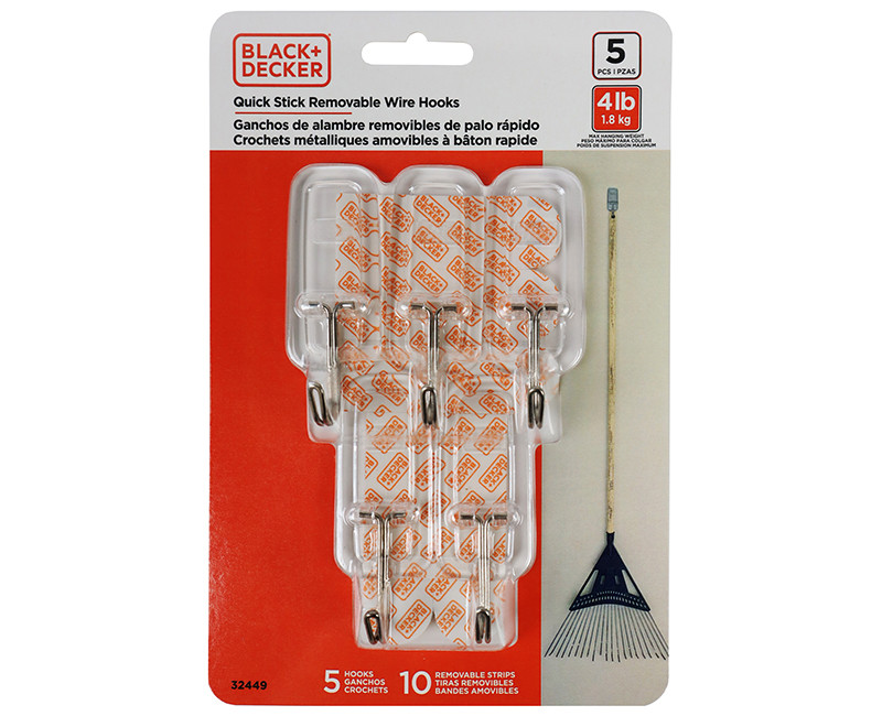 Black & Decker - 5pk Quick Stick Adhesive Wire Hook - Up To 4lbs. - 5 Hooks/10 Strips - Removable - Clear