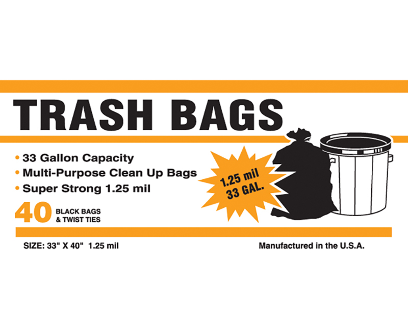 1.25 Mil Black Trash Bags 33 Gal 33 x 40 - 40 Ct. Boxed