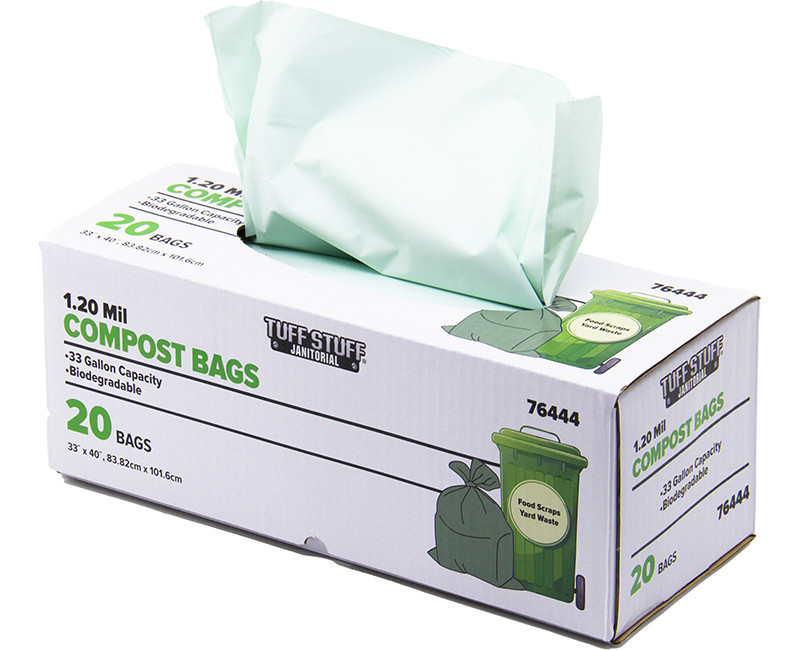 Compost Bags 33 Gal. 33"x40" 1.2 Mil Thick Bio-Degradable Smoke Green Color 20 Rolls per Box