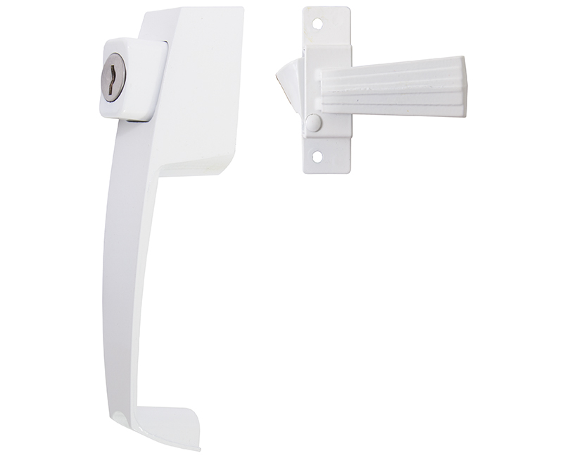 Push Button Screen Door Latch With Key Cylinder and 1-3/4" Hole Spacing - White Finish