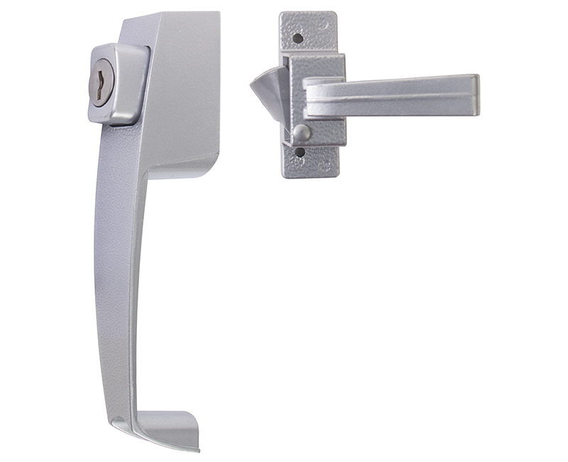 Push Button Screen Door Latch With Key Cylinder and 1-1/2" Hole Spacing - Aluminum Finish