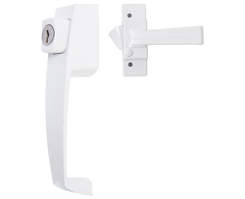 Push Button Screen Door Latch With Key Cylinder and 1-1/2" Hole Spacing - White Finish
